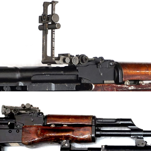 Прицел гранатомета 6Г16 в боевом положении (сверху) и походном положении (снизу)