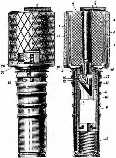 Устройство РГД-33 1 - корпус, 2 - крышки корпуса, 3 - тормозящая заездка, 4- центральная трубка, 5 - задвижка запала, 6 - оборонительный чехол, 7 - разрывной заряд, 8 - наружная трубка рукоятки, 9 - внутренняя трубка рукоятки, 10 - вкладыш, 11 - прорези, 12 -боевая скоба, 13 - ударник, 14 - дно корпуса, 15 - боевая пружина, 16 - предохранитель запала, 17-лента, 18 - опорные гайки, 19 - задвижка предохранителя, 20 - задвижка чехла, 21 - штифт для закрепления чехла.