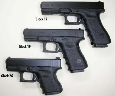 Glock 17, Glock 19, Glock 26 (сверху вниз)